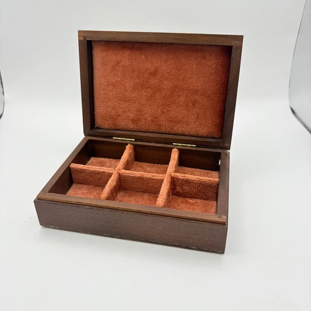 Decatur Industries Trinket Jewelry Box Brown Walnut Wood 6-Slot Velvet MCM